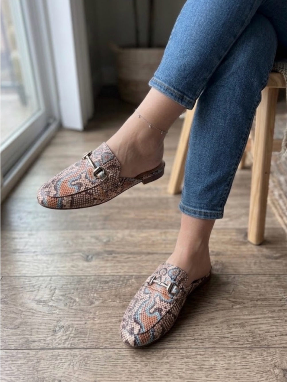 Steve Madden Snake-Print Backless Mules in Brown and Tan with Gold Bit
